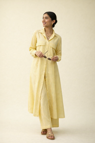 Lemon Yellow Breathable Cotton Striped Kurta Set | Longline Shirt | For Women