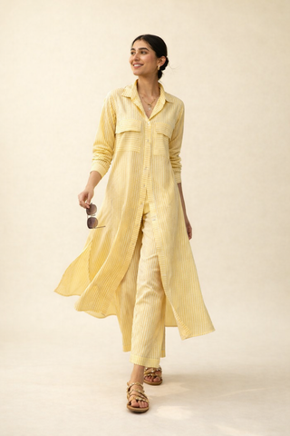 Lemon Yellow Breathable Cotton Striped Kurta Set | Longline Shirt | For Women