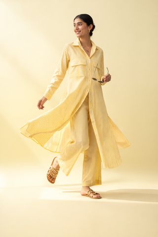 Lemon Yellow Breathable Cotton Striped Kurta Set | Longline Shirt | For Women