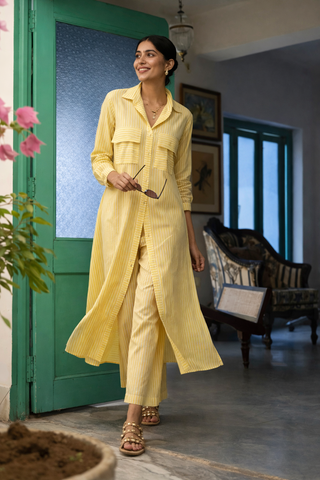 Lemon Yellow Breathable Cotton Striped Kurta Set | Longline Shirt | For Women