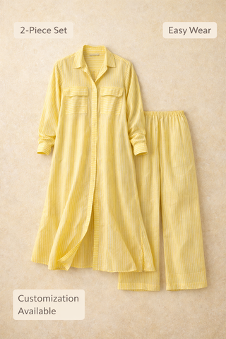 Lemon Yellow Breathable Cotton Striped Kurta Set | Longline Shirt | For Women