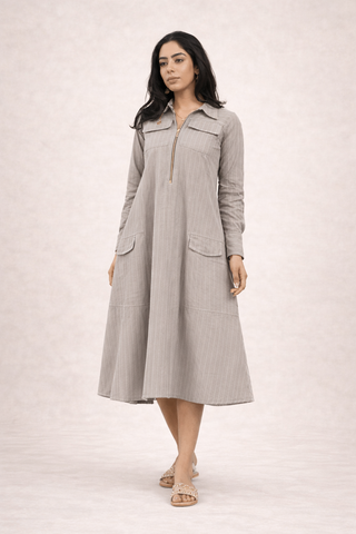 Grey Lawn Striped Midi Dress | Zip Front | For Women
