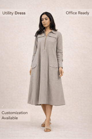 Grey Lawn Striped Midi Dress | Zip Front | For Women