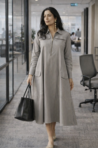 Grey Lawn Striped Midi Dress | Zip Front | For Women
