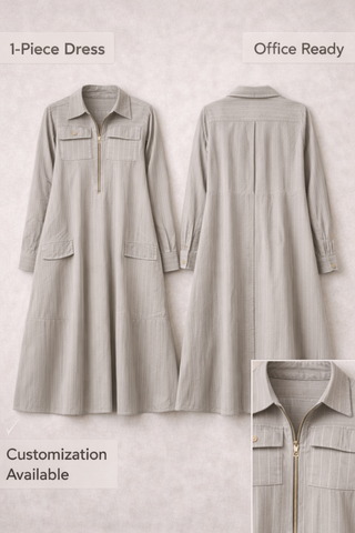 Grey Lawn Striped Midi Dress | Zip Front | For Women