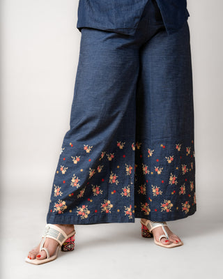 Navy Blue Embroidery Denim Jacket Set