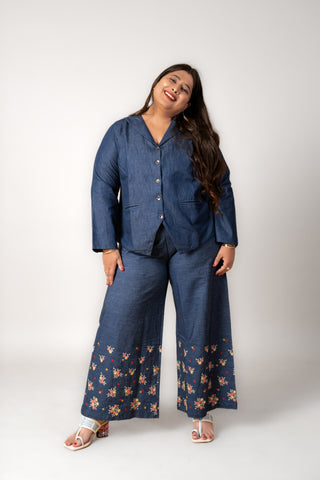 Navy Blue Embroidery Denim Jacket Set