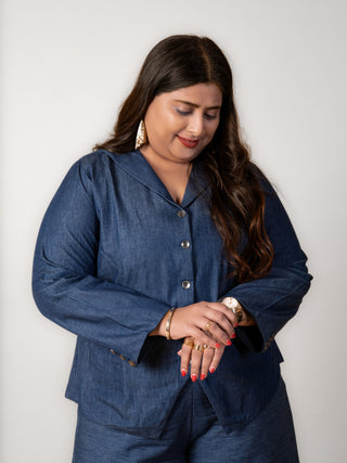 Navy Blue Embroidery Denim Jacket Set