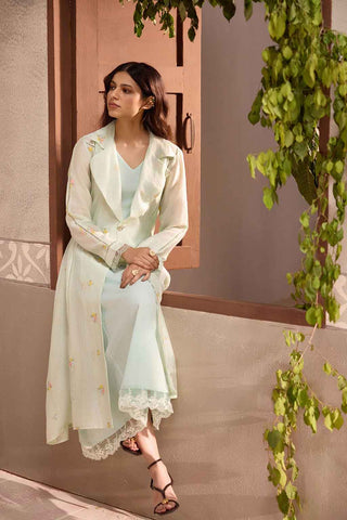 Mint Green Chanderi Long Jacket with Sleeveless Cotton Dress