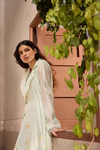 Mint Green Chanderi Long Jacket with Sleeveless Cotton Dress