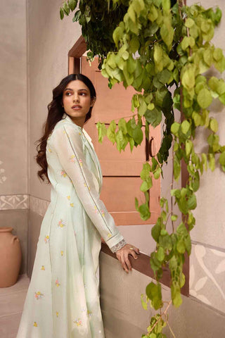 Mint Green Chanderi Long Jacket with Sleeveless Cotton Dress