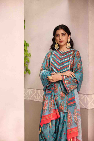 Blue Printed Dola Silk Co-Ord With Dupatta