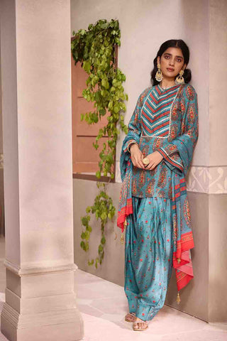 Blue Printed Dola Silk Co-Ord With Dupatta
