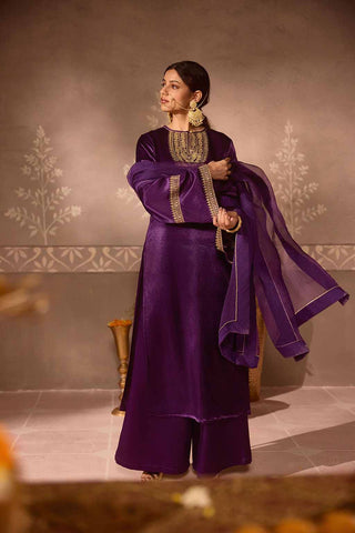 Purple Gajji Silk With Embroidered Kurta Set with Organza Dupatta