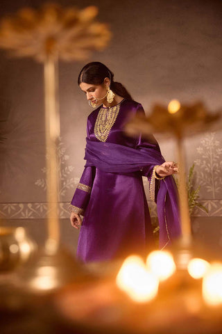 Purple Gajji Silk With Embroidered Kurta Set with Organza Dupatta