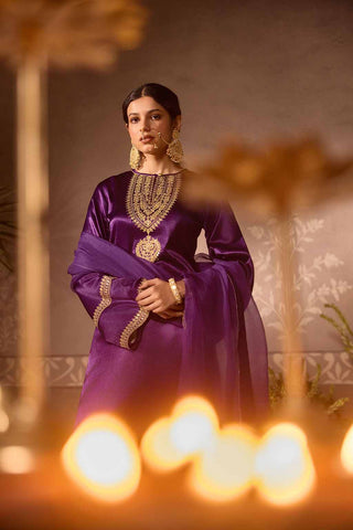 Purple Gajji Silk With Embroidered Kurta Set with Organza Dupatta