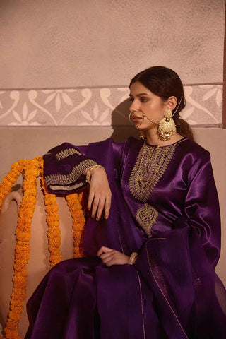 Purple Gajji Silk With Embroidered Kurta Set with Organza Dupatta