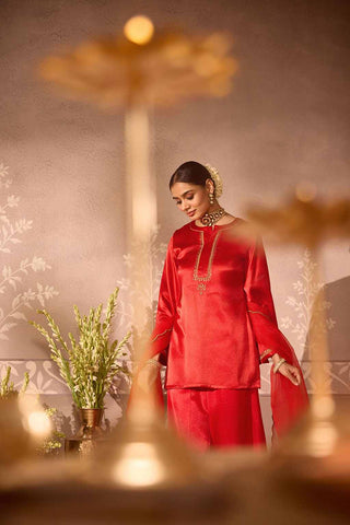 Red Gajji silk Embroiderd sharara set with elasticated waist pant and dupatta