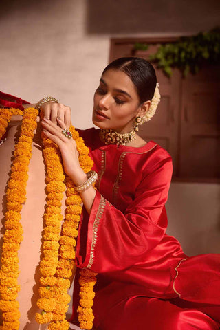 Red Gajji silk Embroiderd sharara set with elasticated waist pant and dupatta