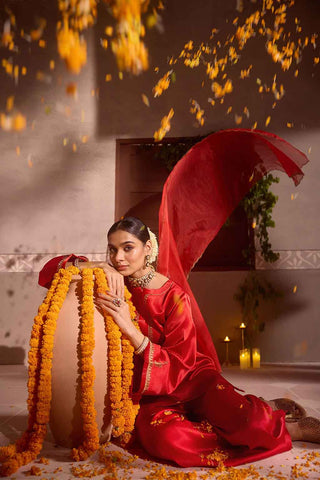 Red Gajji silk Embroiderd sharara set with elasticated waist pant and dupatta