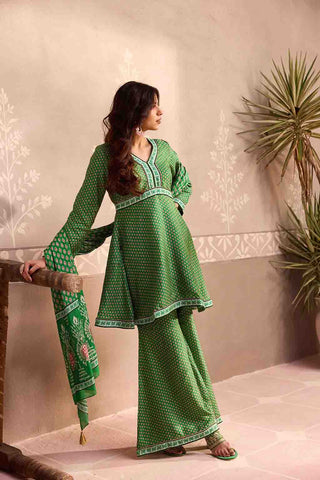 Green Dola Silk Printed Sharara Set With Dupatta