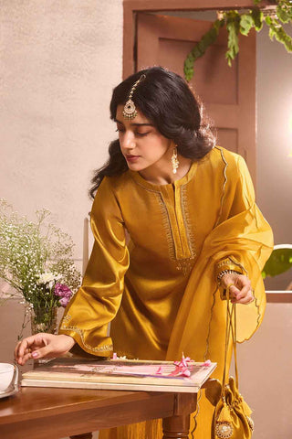 Mustered Yellow Gajji Silk Embroidered Sharara Set with Elasticated Waist Pant and Dupatta