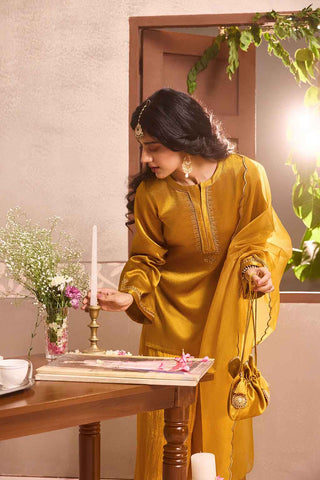 Mustered Yellow Gajji Silk Embroidered Sharara Set with Elasticated Waist Pant and Dupatta