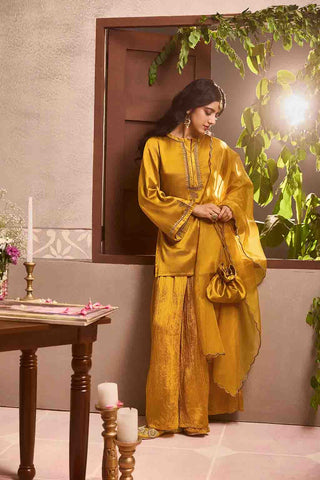 Mustered Yellow Gajji Silk Embroidered Sharara Set with Elasticated Waist Pant and Dupatta