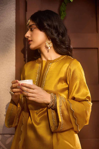 Mustered Yellow Gajji Silk Embroidered Sharara Set with Elasticated Waist Pant and Dupatta
