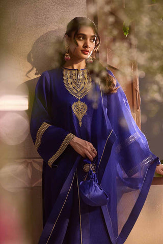 Royal Sapphire Gajji Silk Festive Kurta  Set with Organza Dupatta