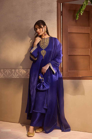 Royal Sapphire Gajji Silk Festive Kurta  Set with Organza Dupatta