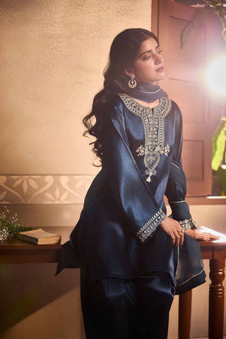 Petrol Blue Gajji Silk Farsi Salwar 3-Piece Set