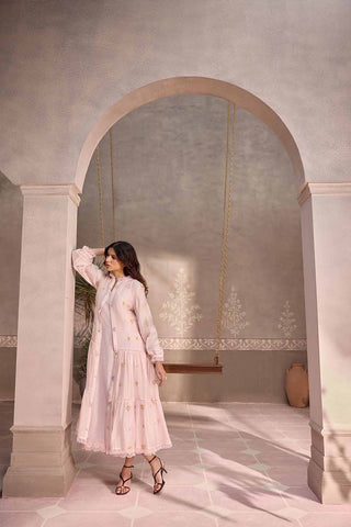 Pastel pink  Chanderi Lace Layered Long Open Jacket with Cotton Sleeveless  Dress