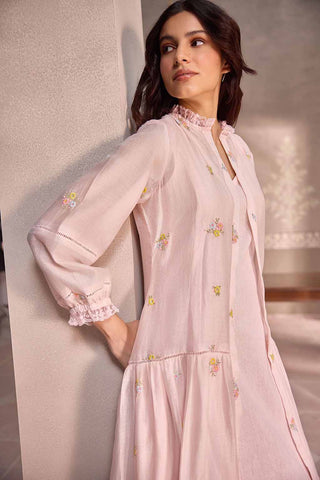 Pastel pink  Chanderi Lace Layered Long Open Jacket with Cotton Sleeveless  Dress