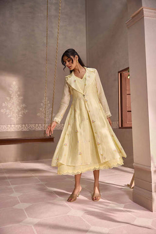Yellow Chanderi Long  Jacket  with  Sleeveless Cotton Dress