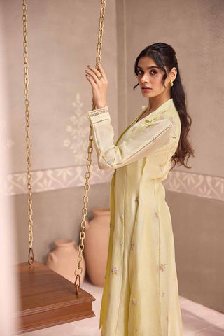Yellow Chanderi Long  Jacket  with  Sleeveless Cotton Dress