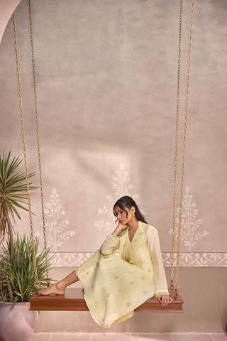 Yellow Chanderi Long  Jacket  with  Sleeveless Cotton Dress