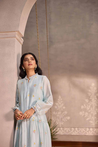 Powder Blue Chanderi Lace Layered Long Open Jacket with Cotton Sleeveless  Dress