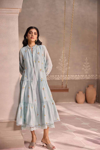 Powder Blue Chanderi Lace Layered Long Open Jacket with Cotton Sleeveless  Dress