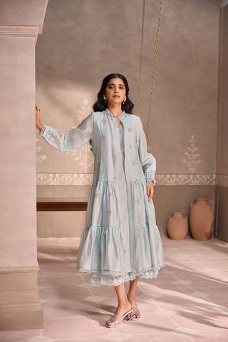 Powder Blue Chanderi Lace Layered Long Open Jacket with Cotton Sleeveless  Dress