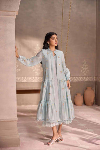 Powder Blue Chanderi Lace Layered Long Open Jacket with Cotton Sleeveless  Dress