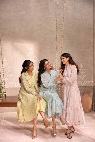 Pastel pink  Chanderi Lace Layered Long Open Jacket with Cotton Sleeveless  Dress