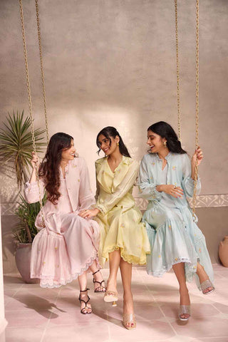 Pastel pink  Chanderi Lace Layered Long Open Jacket with Cotton Sleeveless  Dress