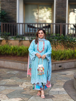 Sky Blue Dola Silk with Printed Multicolor Plazo with Dupatta