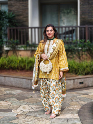 Yellow Printed Dola Silk Farsi Salwar With Dupatta