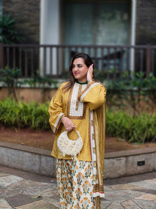 Yellow Printed Dola Silk Farsi Salwar With Dupatta