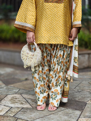 Yellow Printed Dola Silk Farsi Salwar With Dupatta