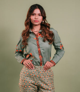 SAGE GREEN AND ORANGE FLOWERS PRINTED SHIRT & PANT SET