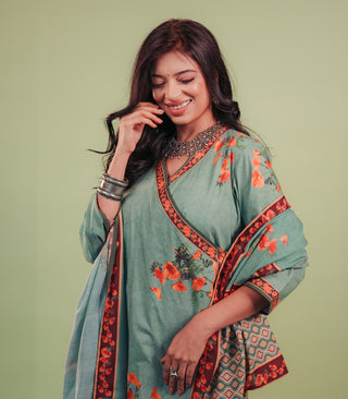 Green Anghrakha Printend Cotton Set with Dupatta