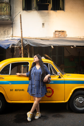 Blue&Black Geometric Printed Jacket and Sleeveless dress (Set of 2)